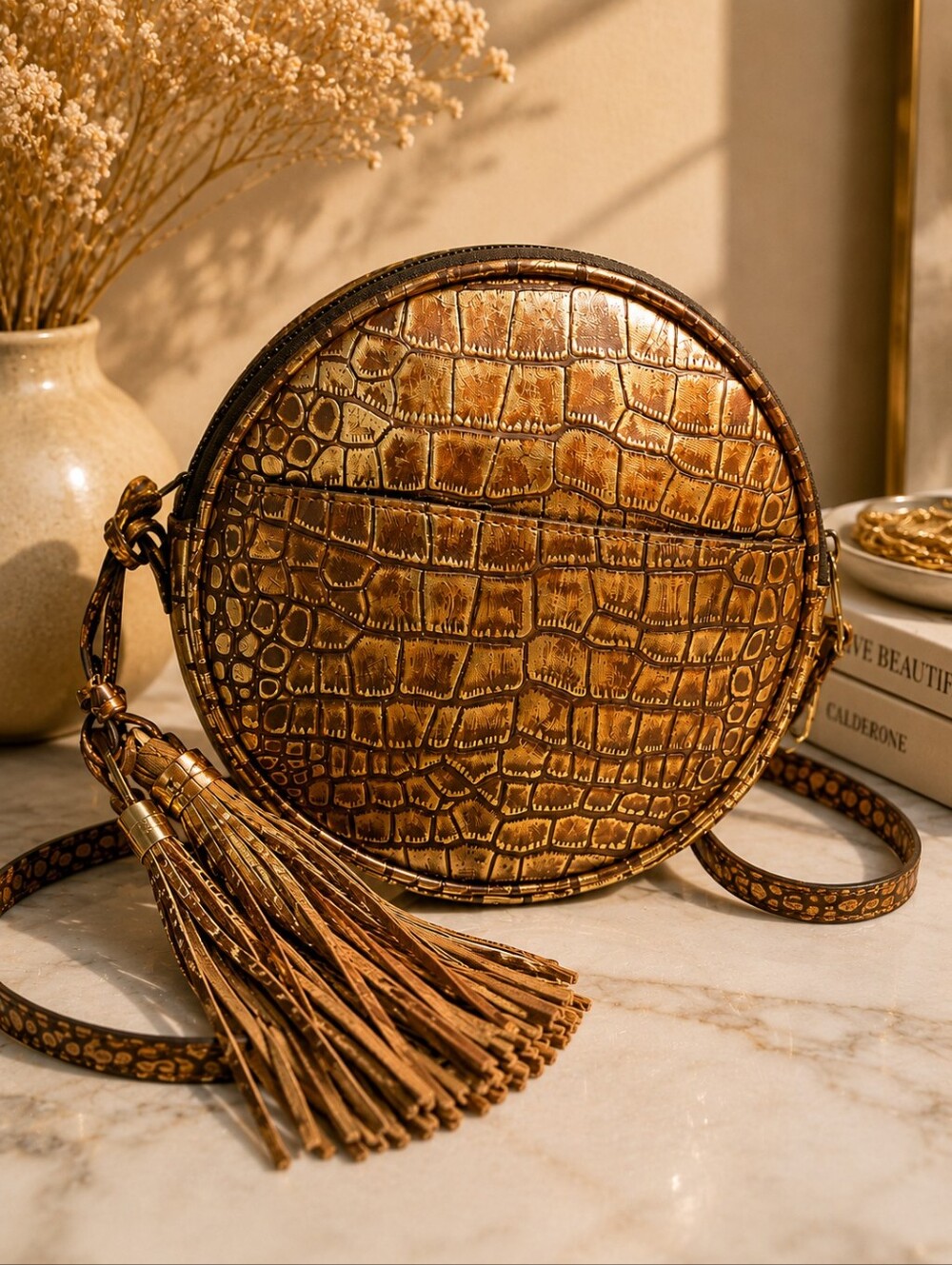Patricia Nash Leather Metallic gold Round Purse Adjustable Crossbody